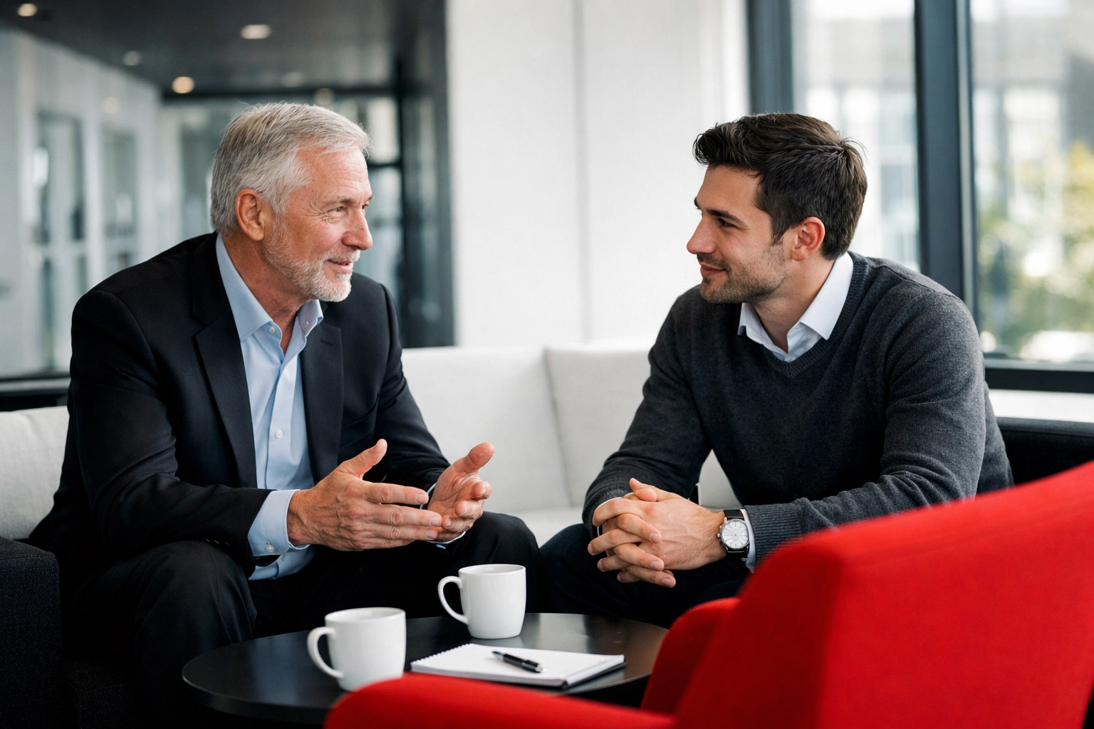 A dental recruiter and associate discuss practice culture and clinical autonomy in a modern DSO office lounge.