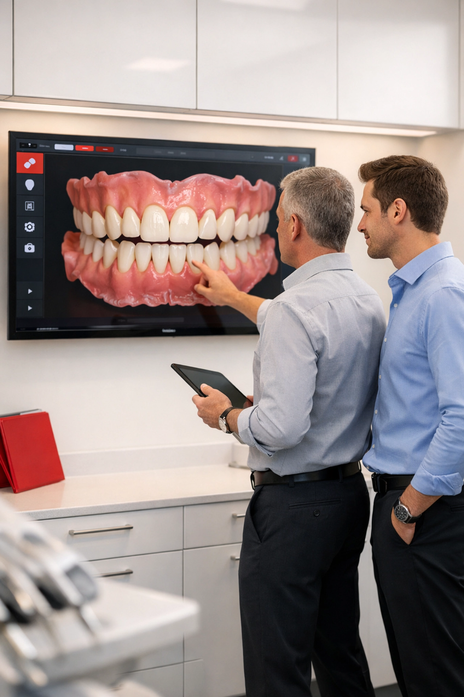 A mentor and associate dentist review high-tech digital scans, emphasizing professional development and clinical support.