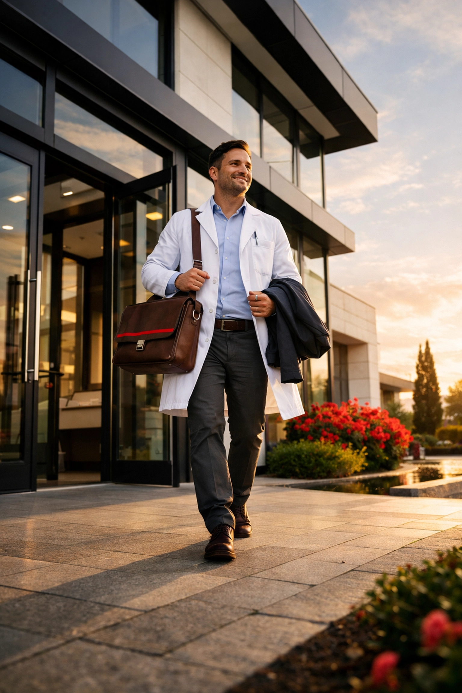A dentist leaves a modern medical office, showing work-life integration and flexible scheduling for dental professionals.