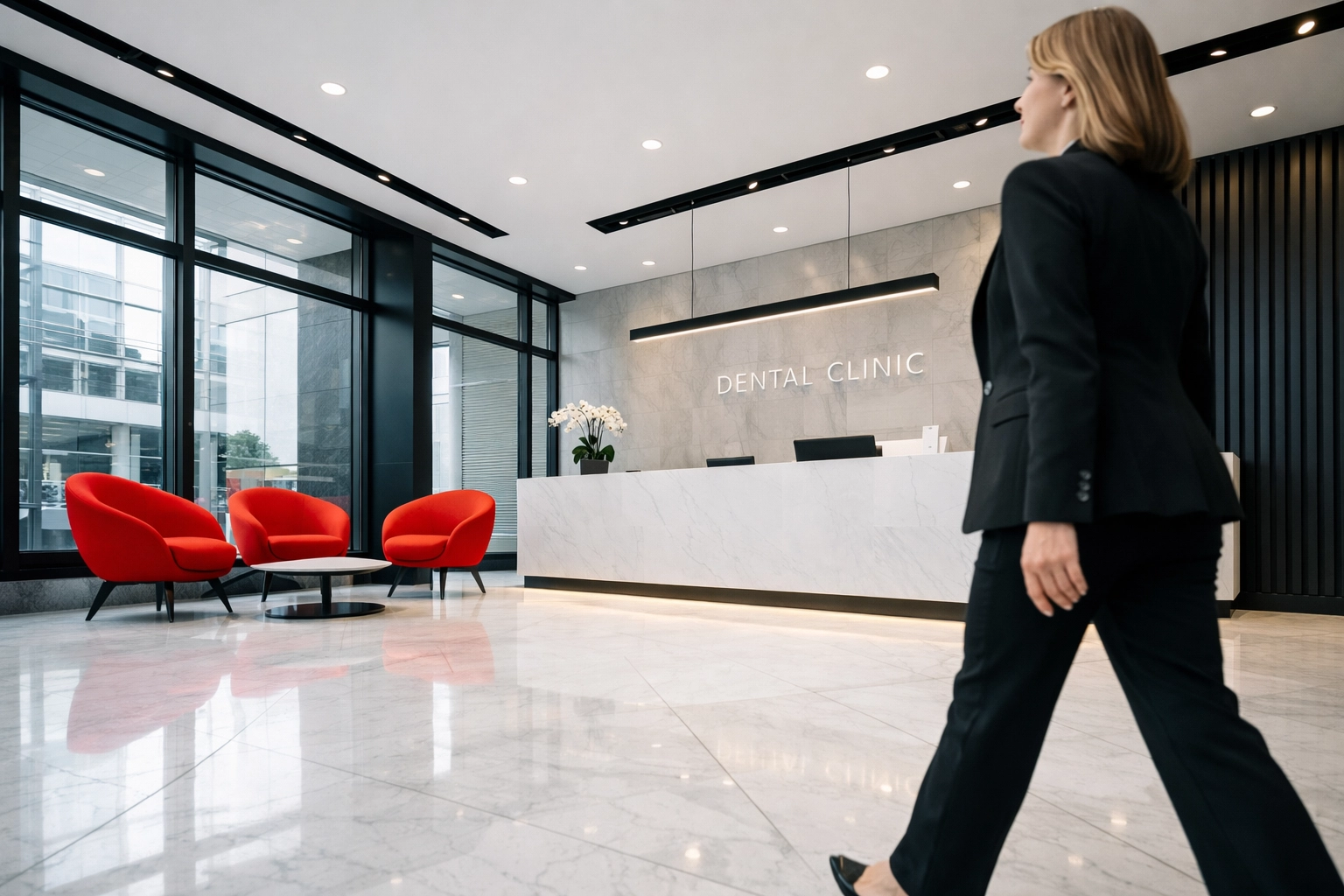 Modern dental office reception area representing the operational maturity and scale of a growing DSO.