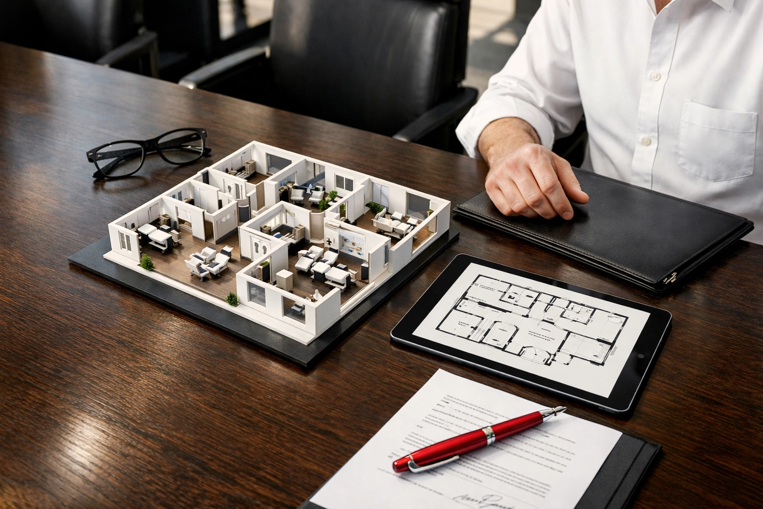 Architectural model and floor plans for a new De Novo dental practice development on an executive conference table.