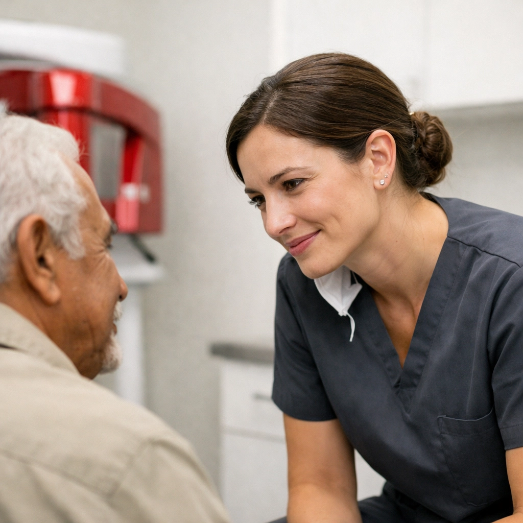 Dental clinician and patient in a community health center illustrating expert dental recruitment strategies.