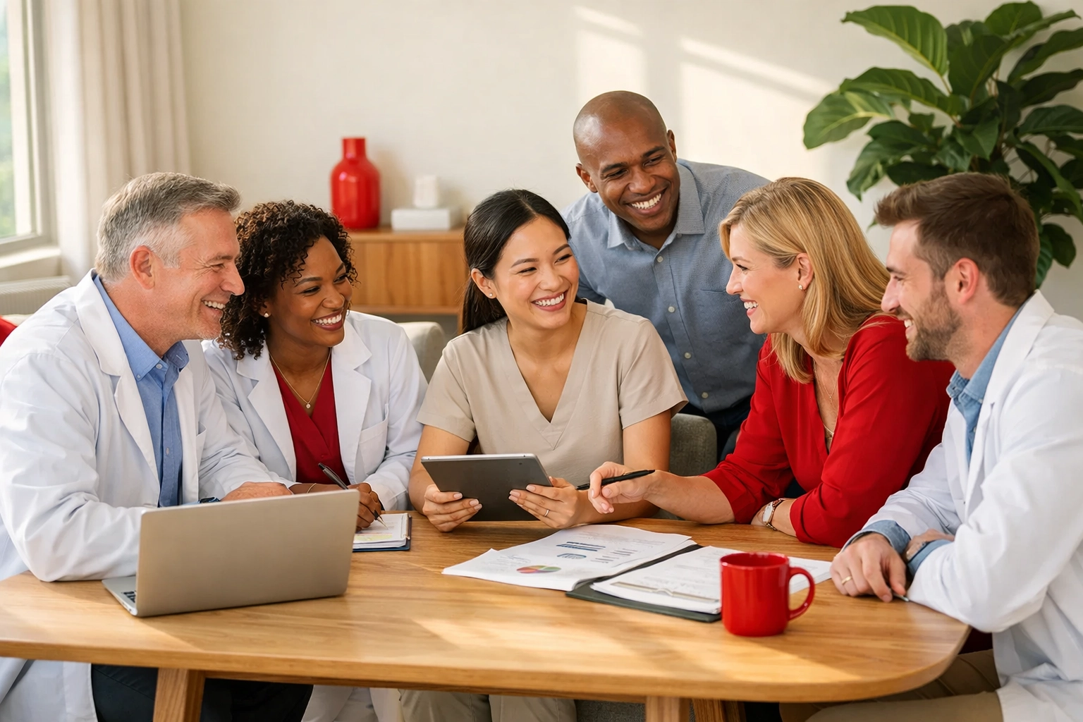 A diverse dental team collaborating in a modern office to improve staffing retention and practice culture.