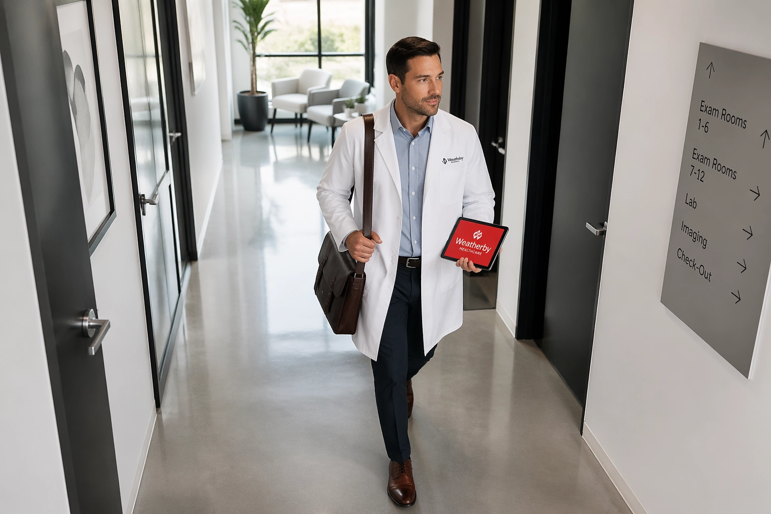 A locum tenens provider walking through a modern medical practice corridor with a travel bag.