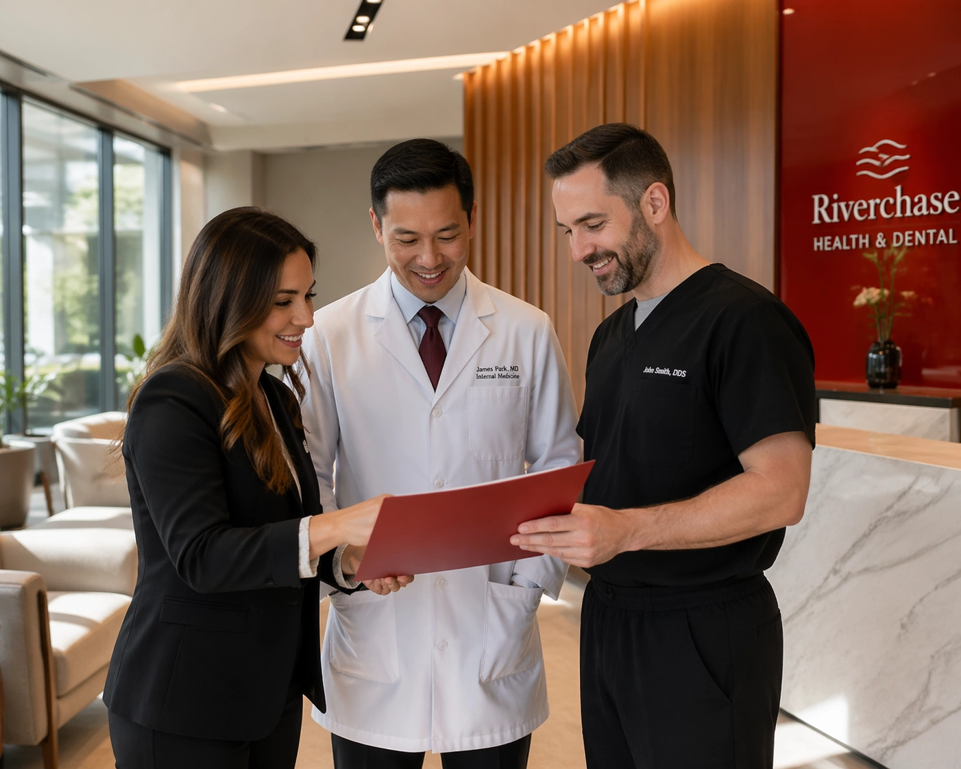 A permanent clinical team collaborating in a modern medical lobby to build a high-trust practice culture.
