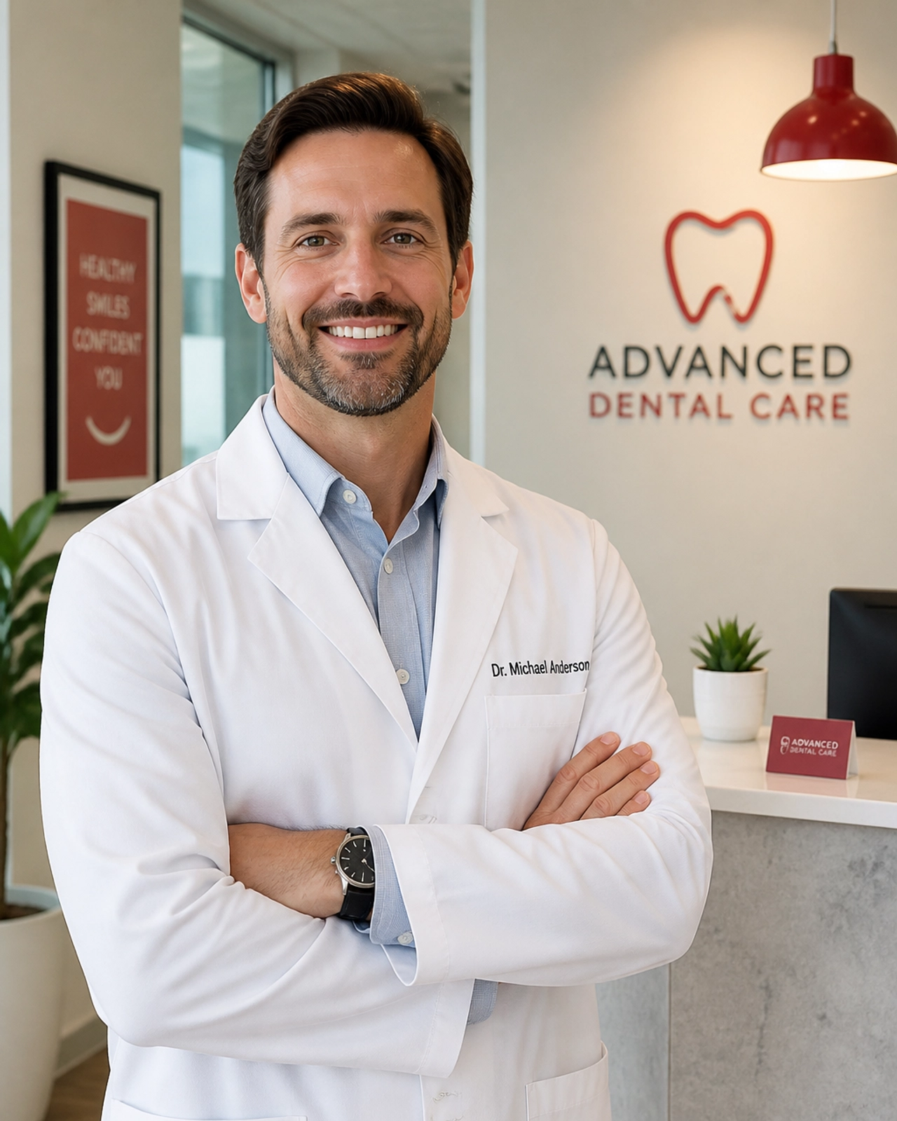 A professional, confident dentist in a modern practice setting