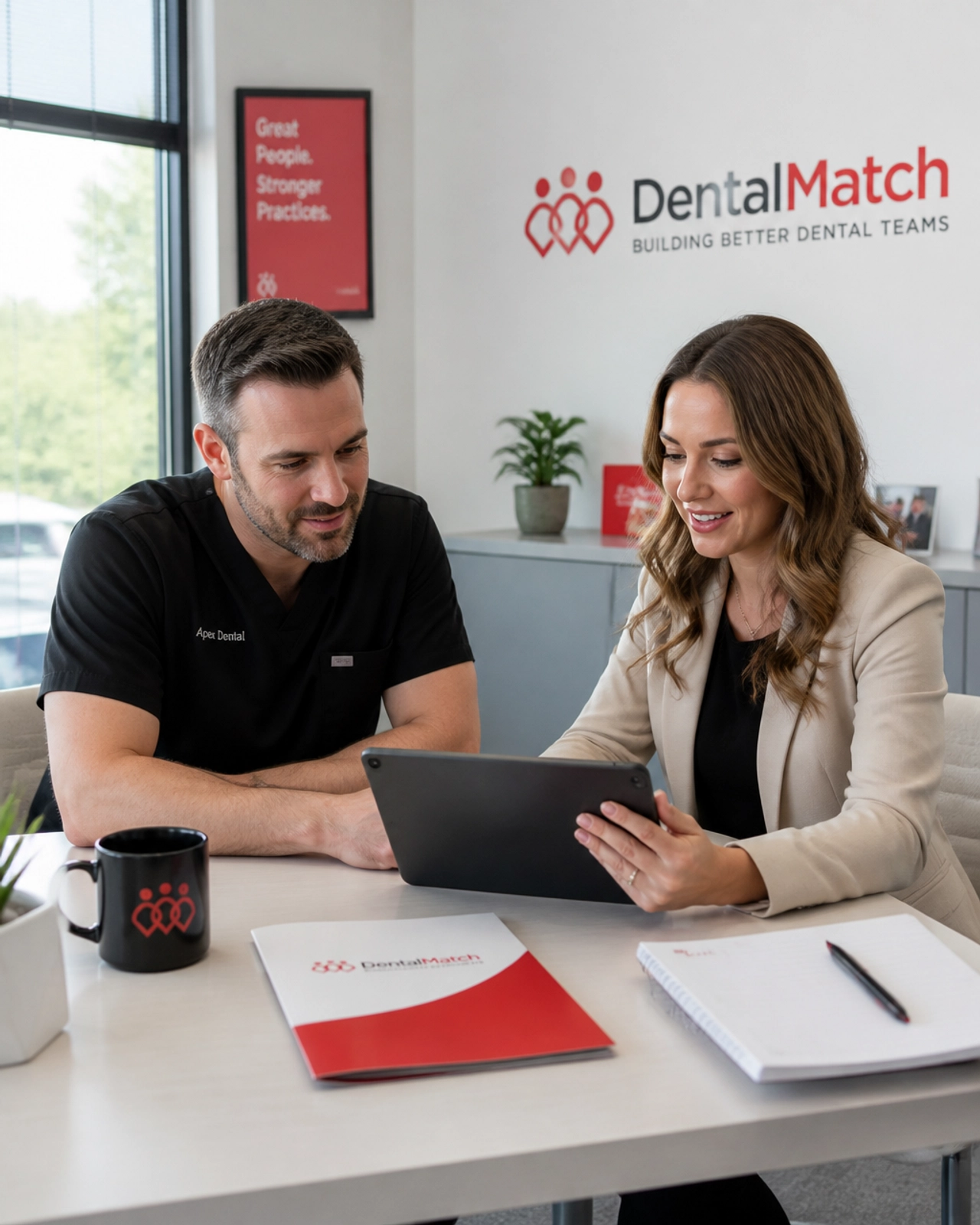 A professional business consultation scene between a recruiter and a dental practice owner