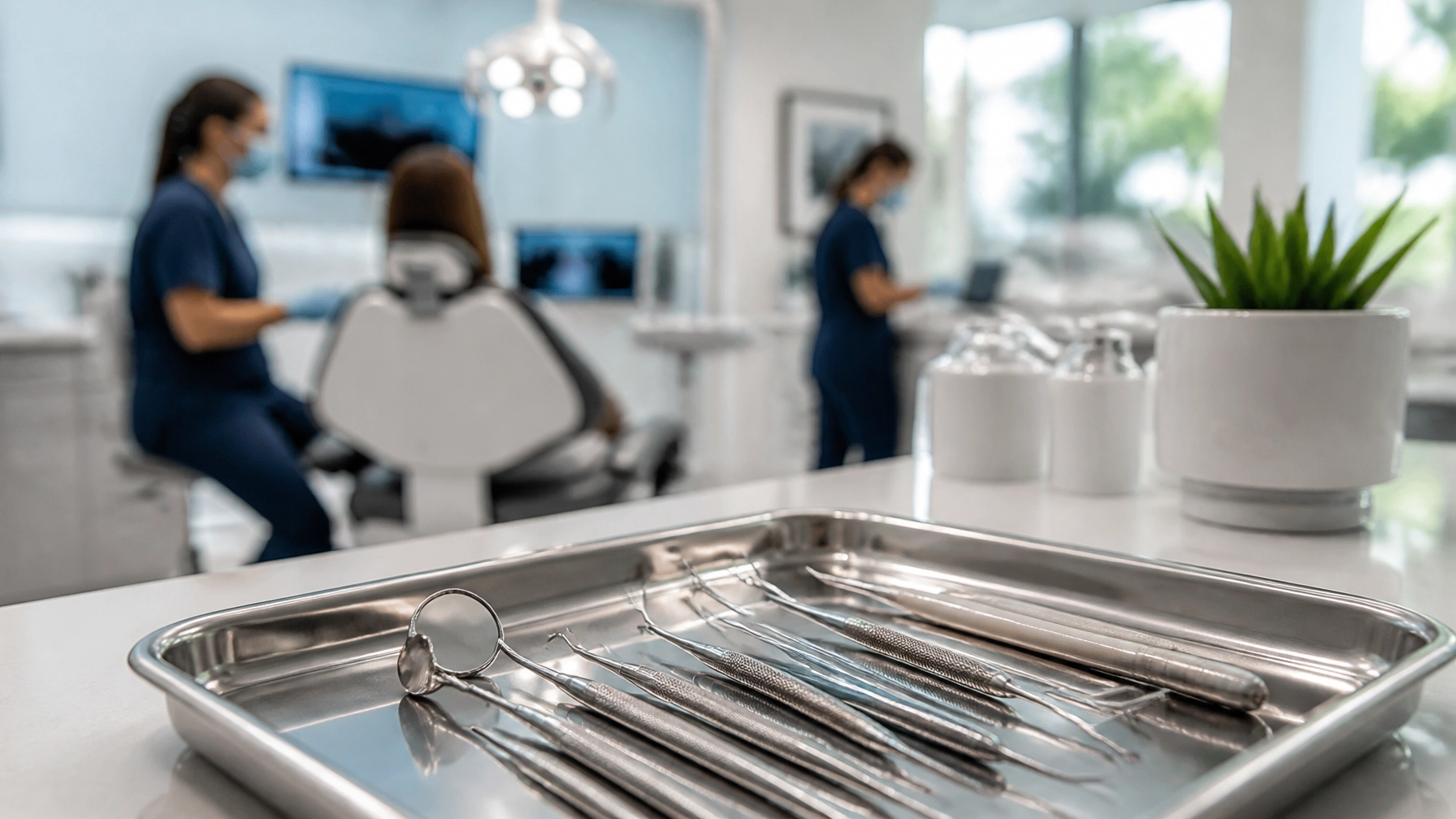 A close-up of a high-end dental instrument tray representing precision and high-value clinical care