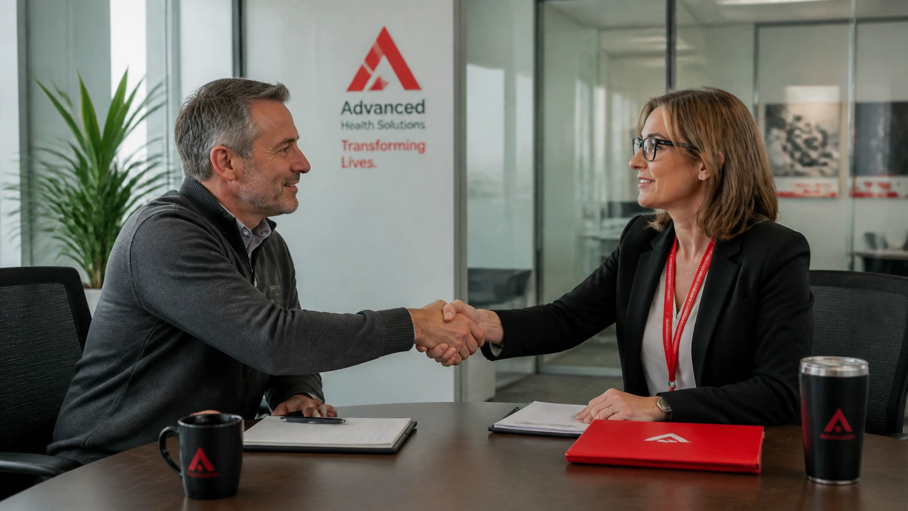 Executive and clinical director shaking hands in a modern office