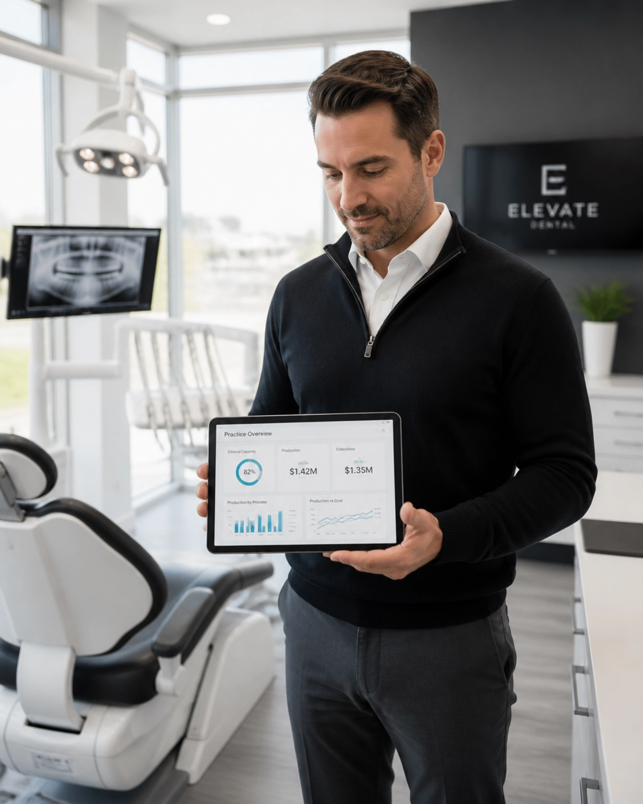 Executive reviewing clinical capacity and revenue metrics on a tablet