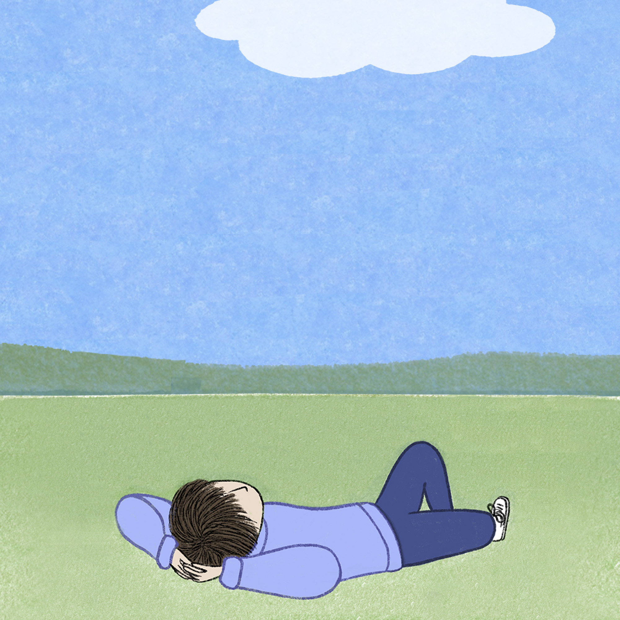 Stylized illustration of a sunset over the ocean with green and yellow land in the foreground.