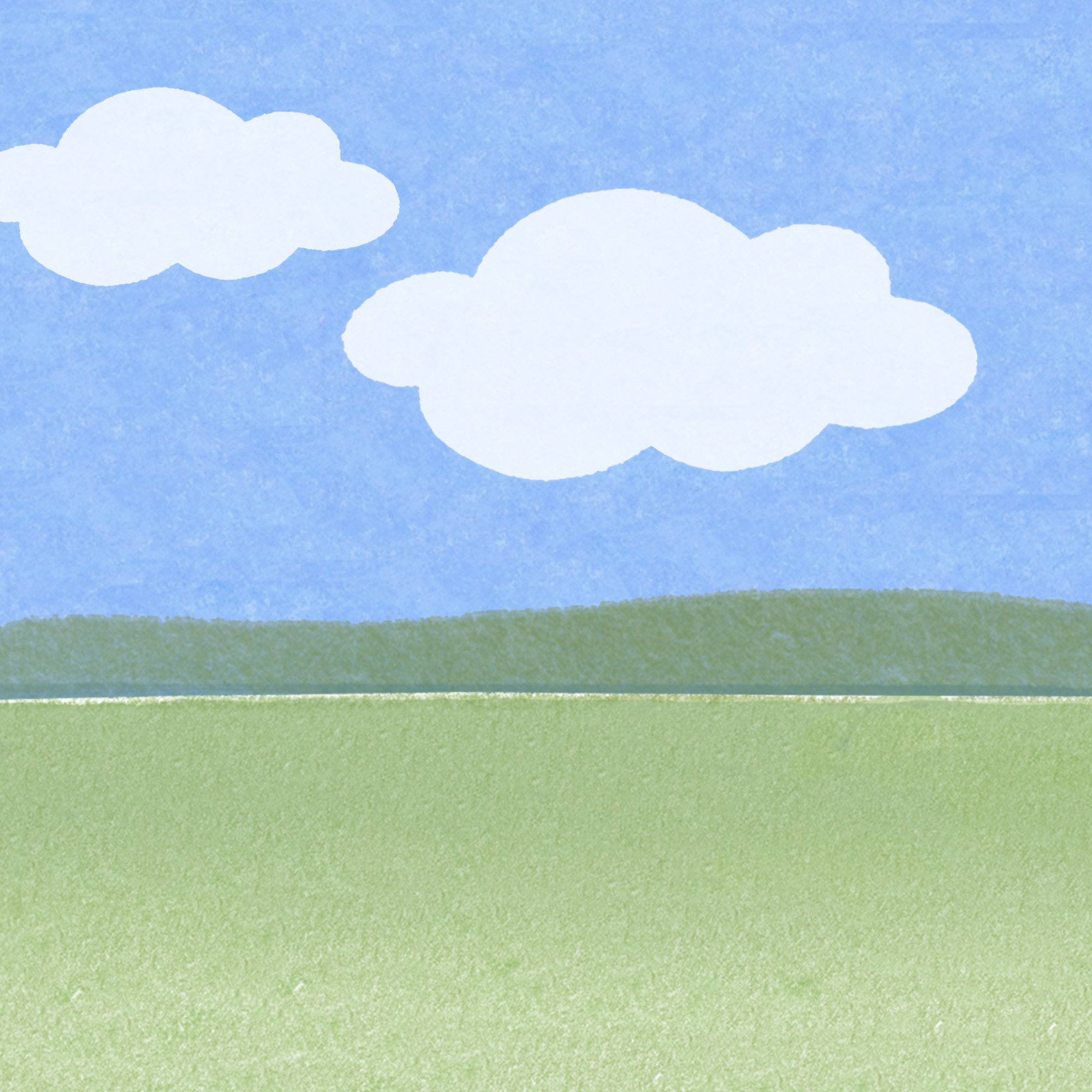 Minimalist landscape illustration with a layered background of green ground, yellow strip, blue water, and light blue sky with a stylized green tree on the right.