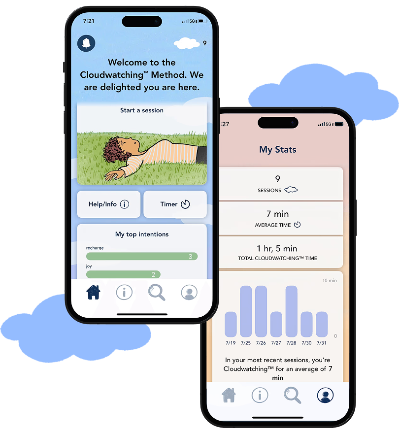 Two smartphones showing the Cloudwatching™ app: one with a welcome screen and intentions, the other displaying user stats and session bar chart.