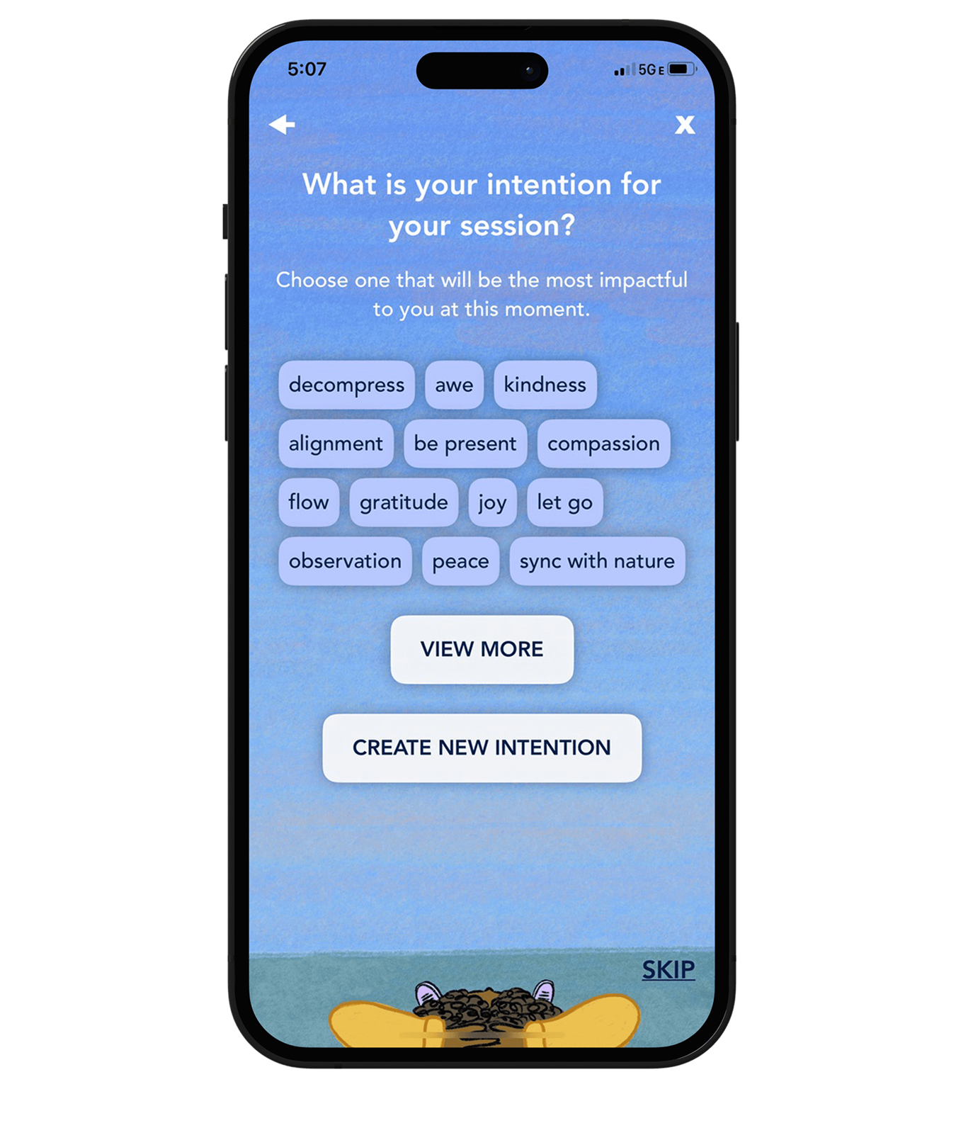 Smartphone screen showing a meditation app asking 'What is your intention for your session?' with options like decompress, awe, kindness, and buttons to view more or create a new intention.