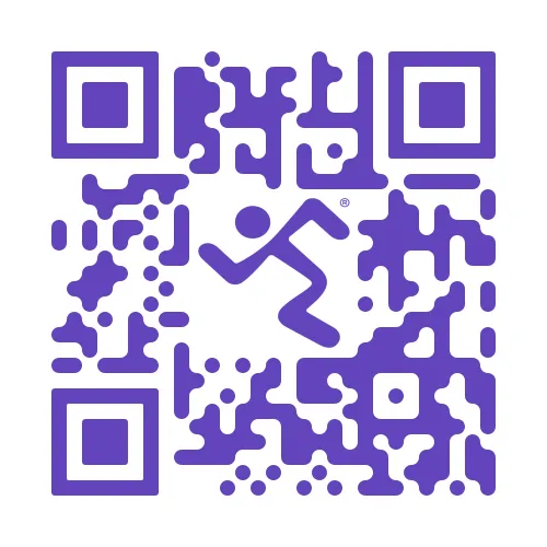 A purple QR code with a running figure in the center.