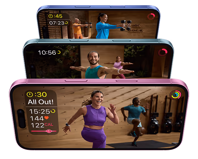 Three iPhones displaying Apple Fitness+ workout sessions with trainers demonstrating strength, yoga, and cardio exercises.