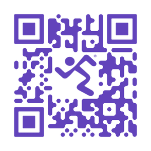 A purple QR code with a running figure in the center.