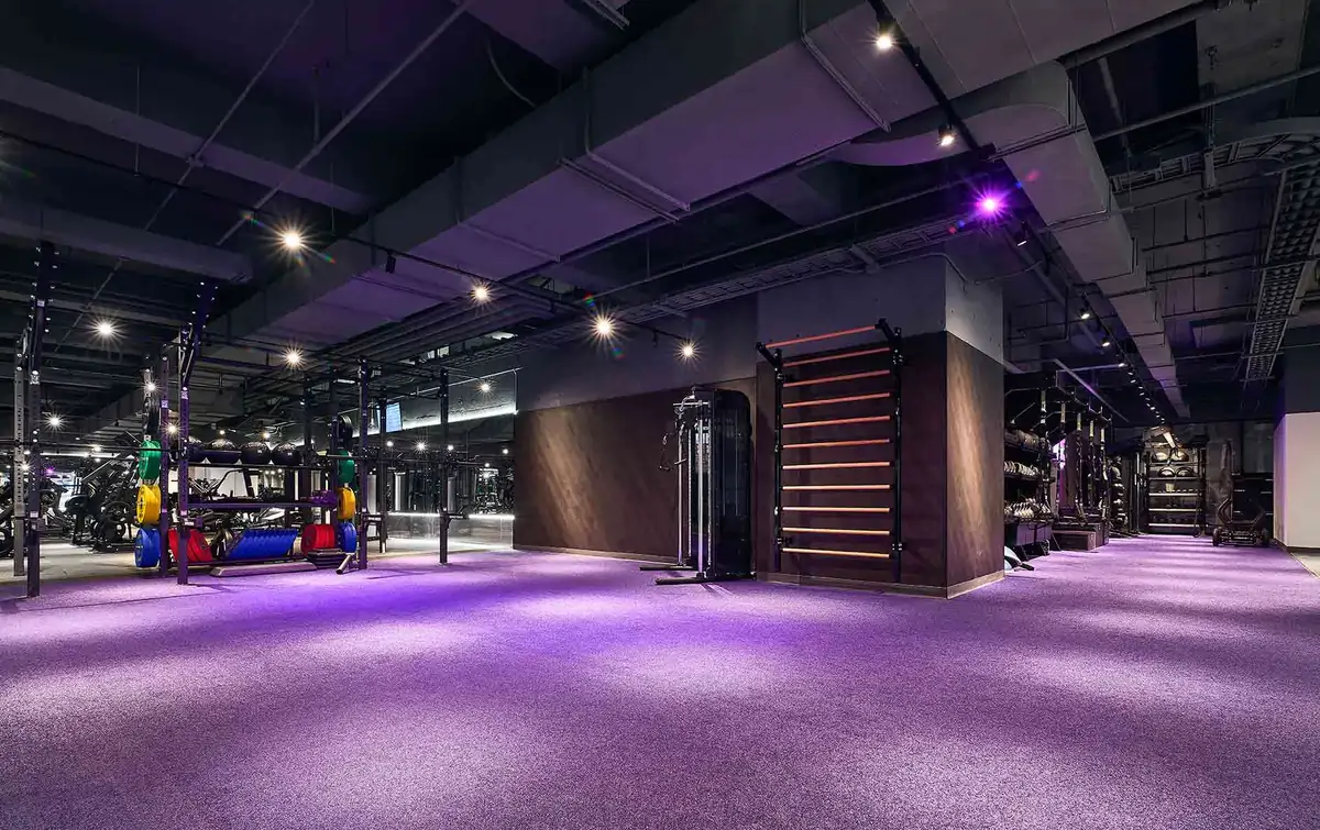 Modern gym with purple flooring, weight racks, bars, and cable machines under dark ceiling lights.