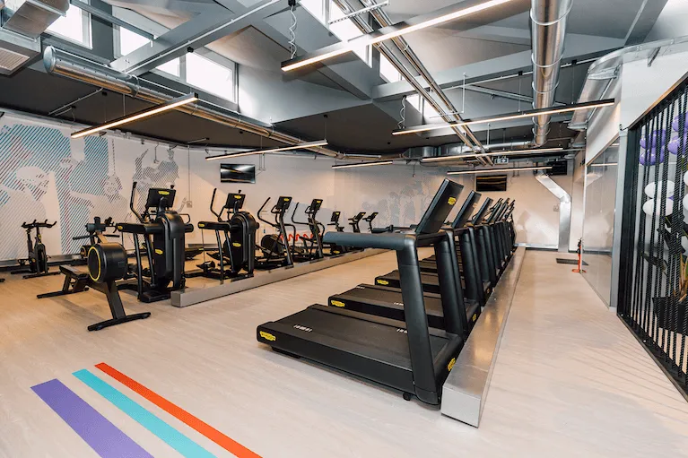 Zona cardio spaziosa e moderna all'interno di un club Anytime Fitness, con file di tapis roulant, ellittiche e attrezzature fitness professionali.