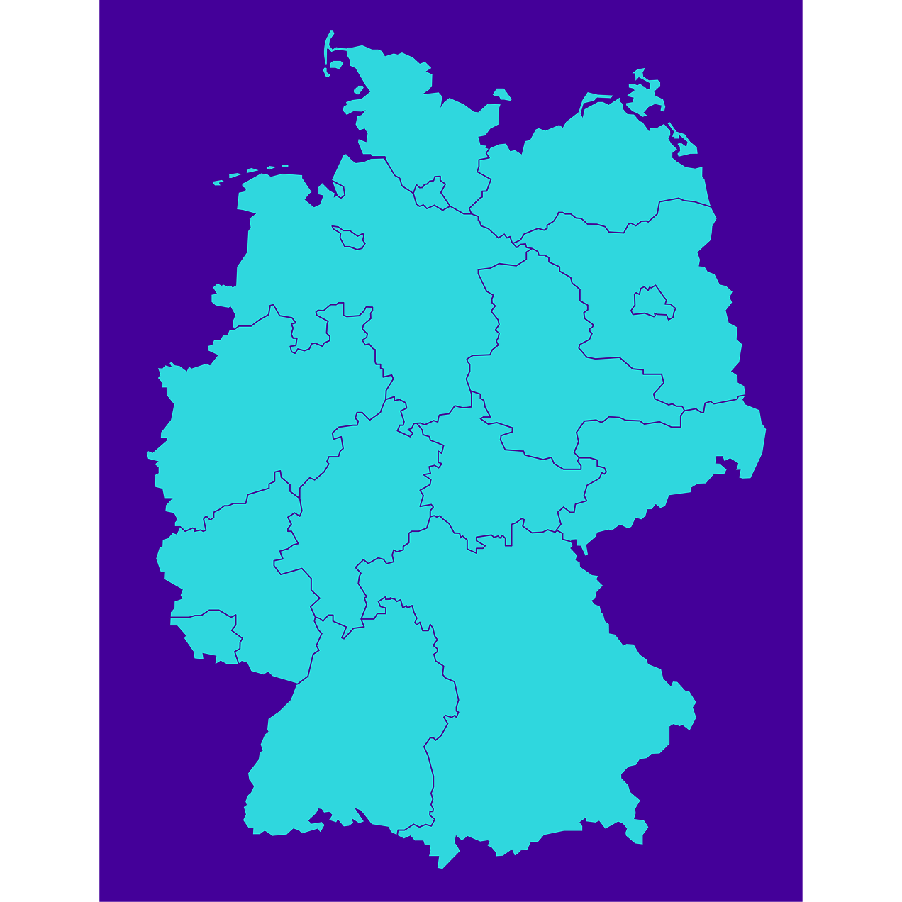 Karte von Deutschland mit blau umrandeten Bundesländern auf türkisfarbenem Hintergrund und violettem Hintergrund.