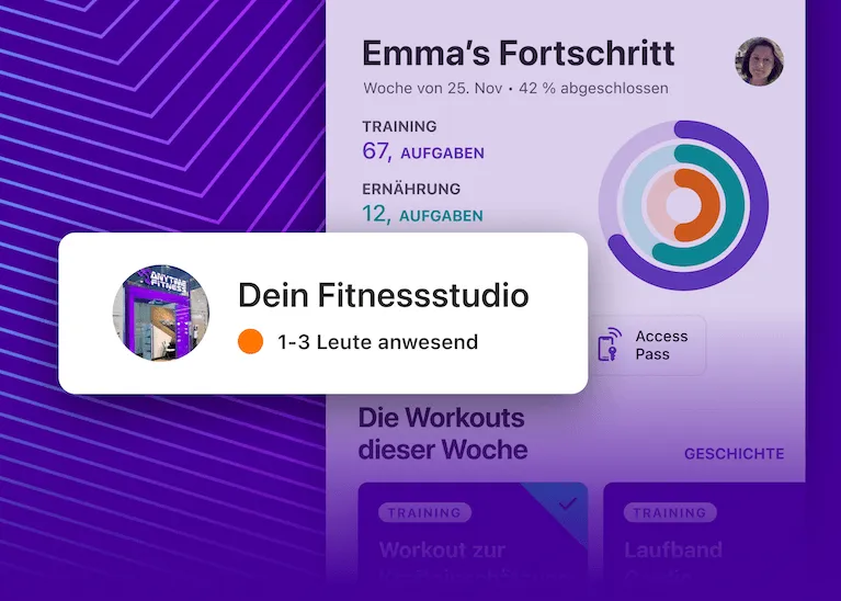 Die Anytime Fitness App auf Deutsch zeigt die Live-Auslastung des Studios mit dem Hinweis '1-3 Leute anwesend' zur einfachen Vermeidung von Stoßzeiten.