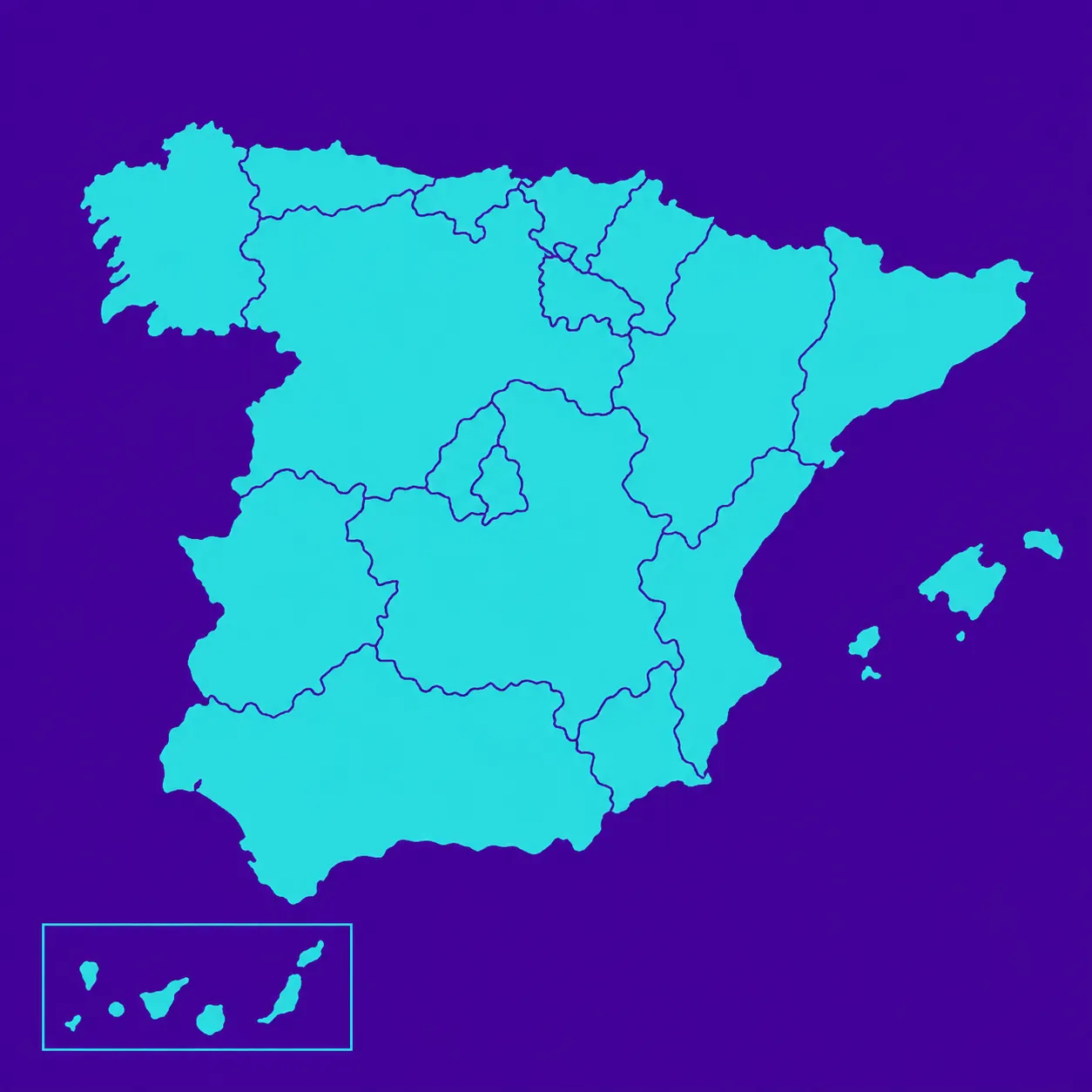 Mapa de España con las fronteras regionales delineadas en azul sobre un fondo azul claro, que muestra los territorios continentales e insulares frente a un mar morado oscuro.