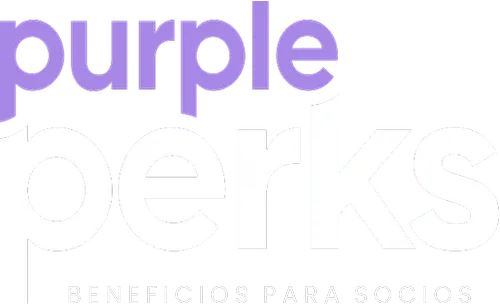 Logo text 'purple perks' with 'purple' in purple and 'perks' in white, and the Spanish phrase 'BENEFICIOS PARA SOCIOS' below in white.