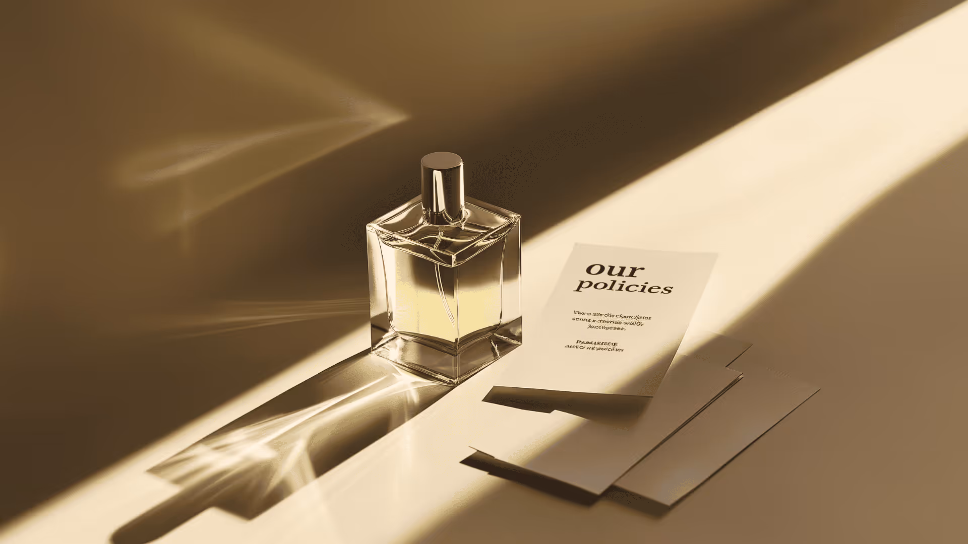 Perfume bottle next to a document on perfume store policies placed in sunlight
