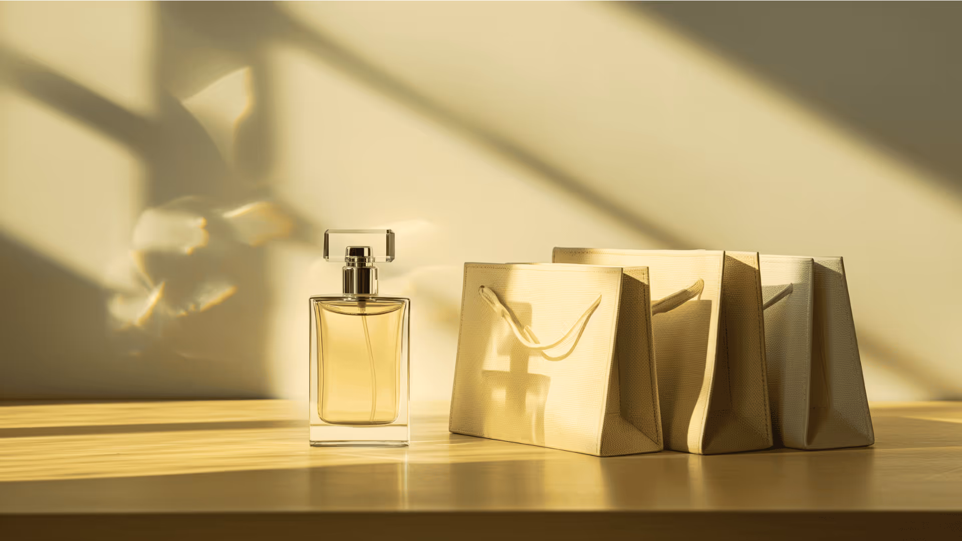 Clear perfume bottle in sunlight next to shopping bags