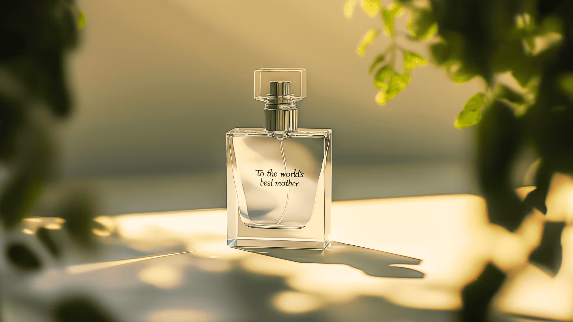 Perfume bottle with engraving text in a room with plants and sunlight