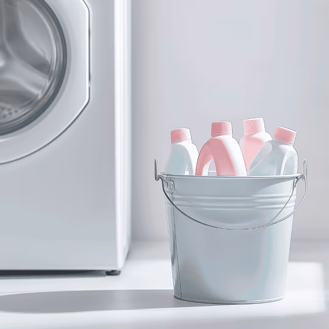 Laundry detergent bottles in a bucket next to a washing machine