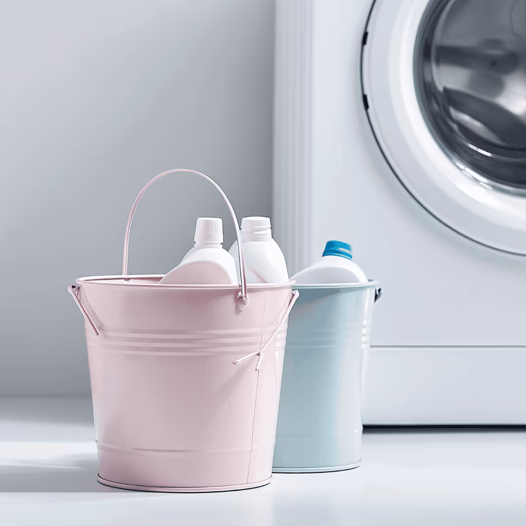 laundry detergent bottles in pink and blue buckets next to a washing machine