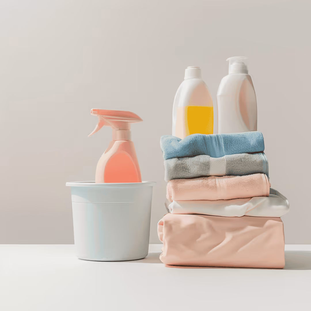 laundry detergent bottles with napkins and clothes