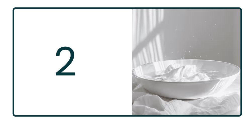 Photograph of clothes in a bowl being soaked in soap water next to a number two green colour graphic graphic