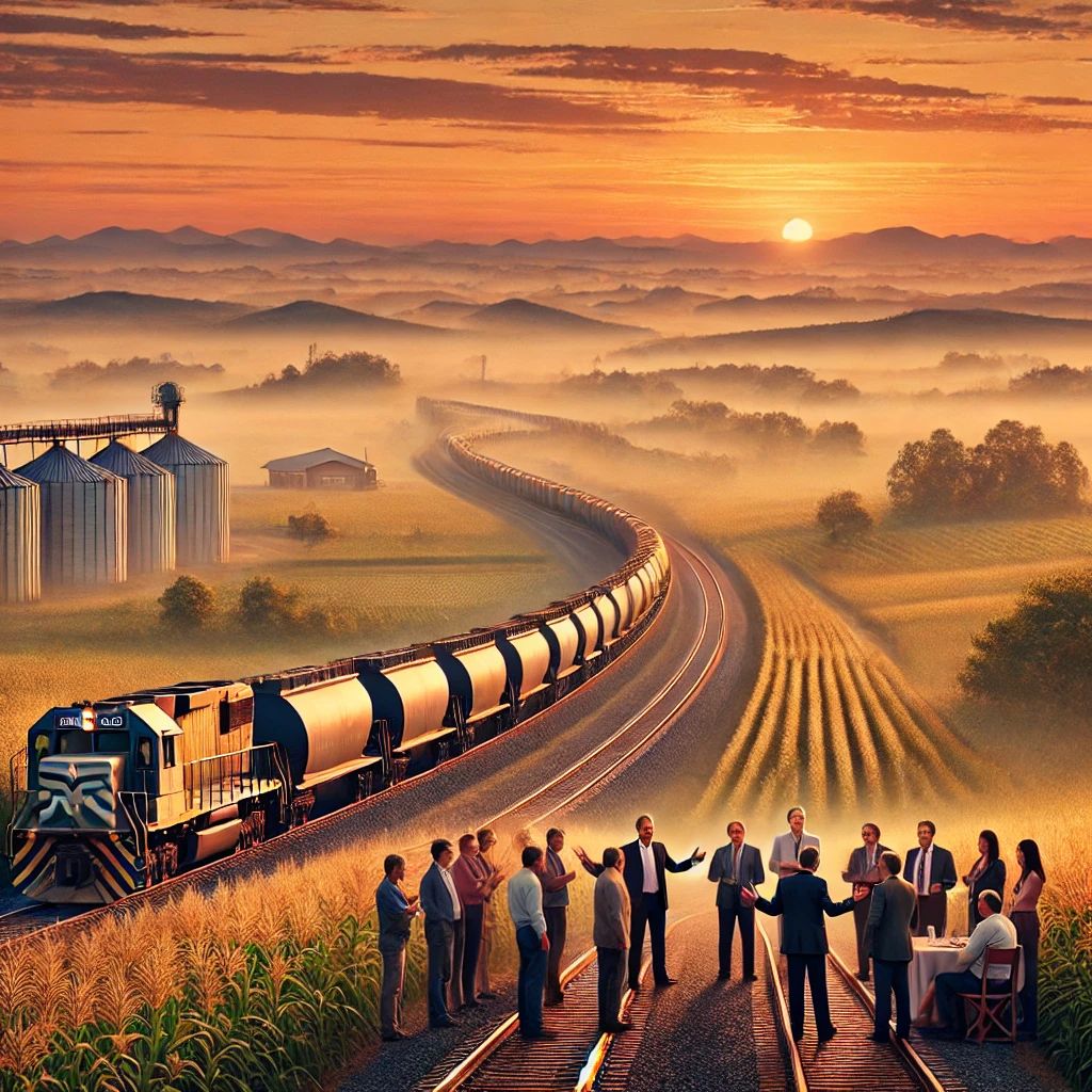 A scenic image of a railway cutting through a vast agricultural field at dawn, symbolizing progress in Brazil's freight transport infrastructure. Trains loaded with grain such as soybeans and corn stretch along the tracks, heading towards the horizon where the sky blends into soft hues of orange and pink, indicating optimism for the future. In the background, silhouettes of grain silos and distant mountains represent the challenges to be overcome. In the foreground, a group of people&mdash;farmers, business people, and user representatives&mdash;engage in a discussion with railway executives on either side of the tracks, with a representative from the National Agency of Land Transport (ANTT) mediating. All participants are gesturing in a friendly, collaborative manner, suggesting a joint solution. The surrounding vegetation is lush, highlighting the richness of Brazilian agribusiness, and the image conveys a sense of hope, progress, and the importance of collaboration for the future of railway transport in Brazil.