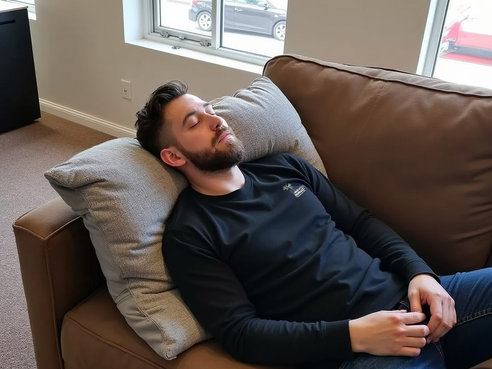 A boring photo of Kyle sleeping on the couch