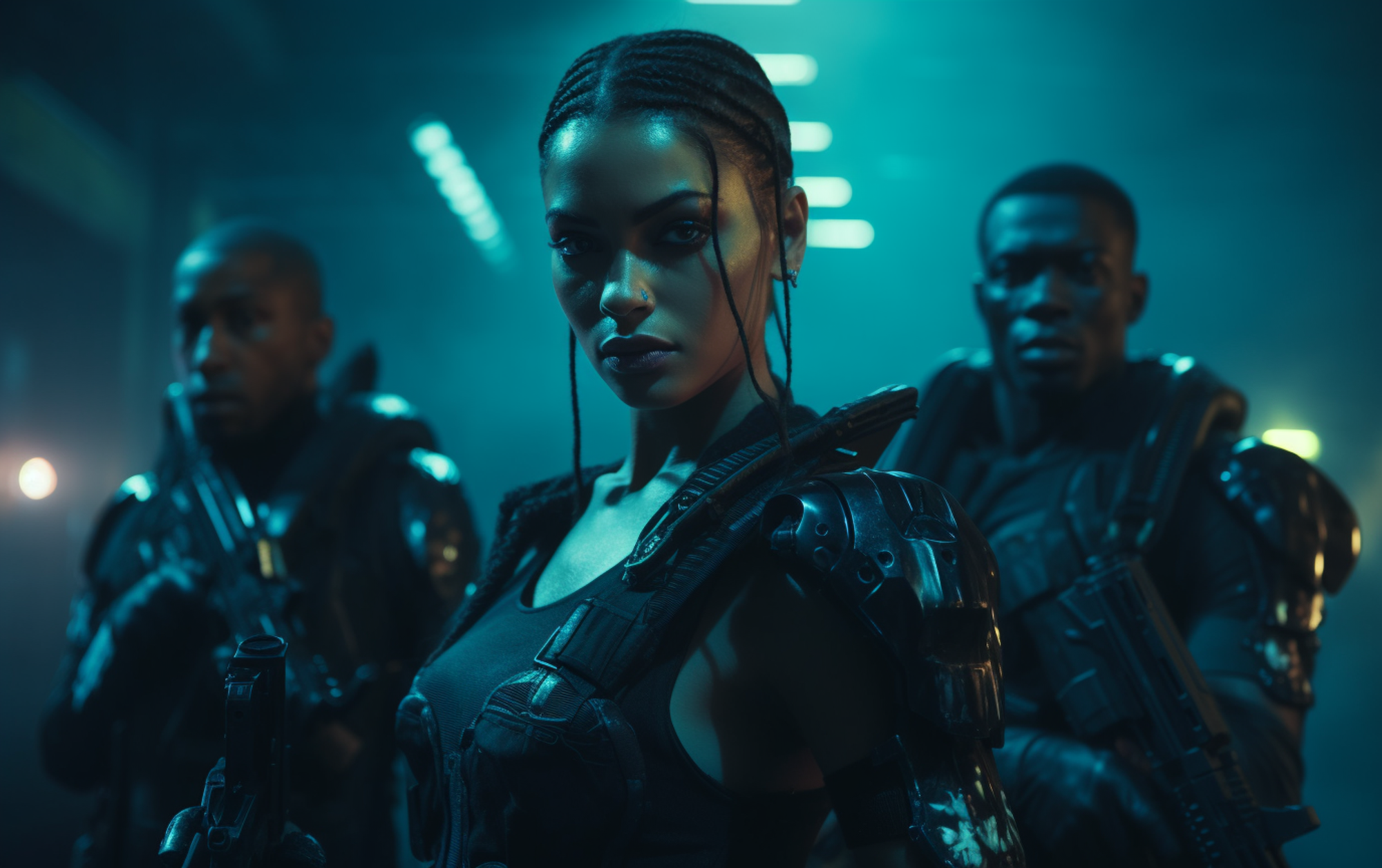 a group of young actors in high fashion attire standing next to each other in front of a neon background, in the style of futuristic cyberpunk