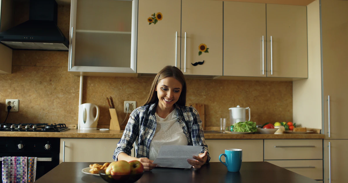 Woman reviewing insurance paperwork and a laptop at her kitchen table