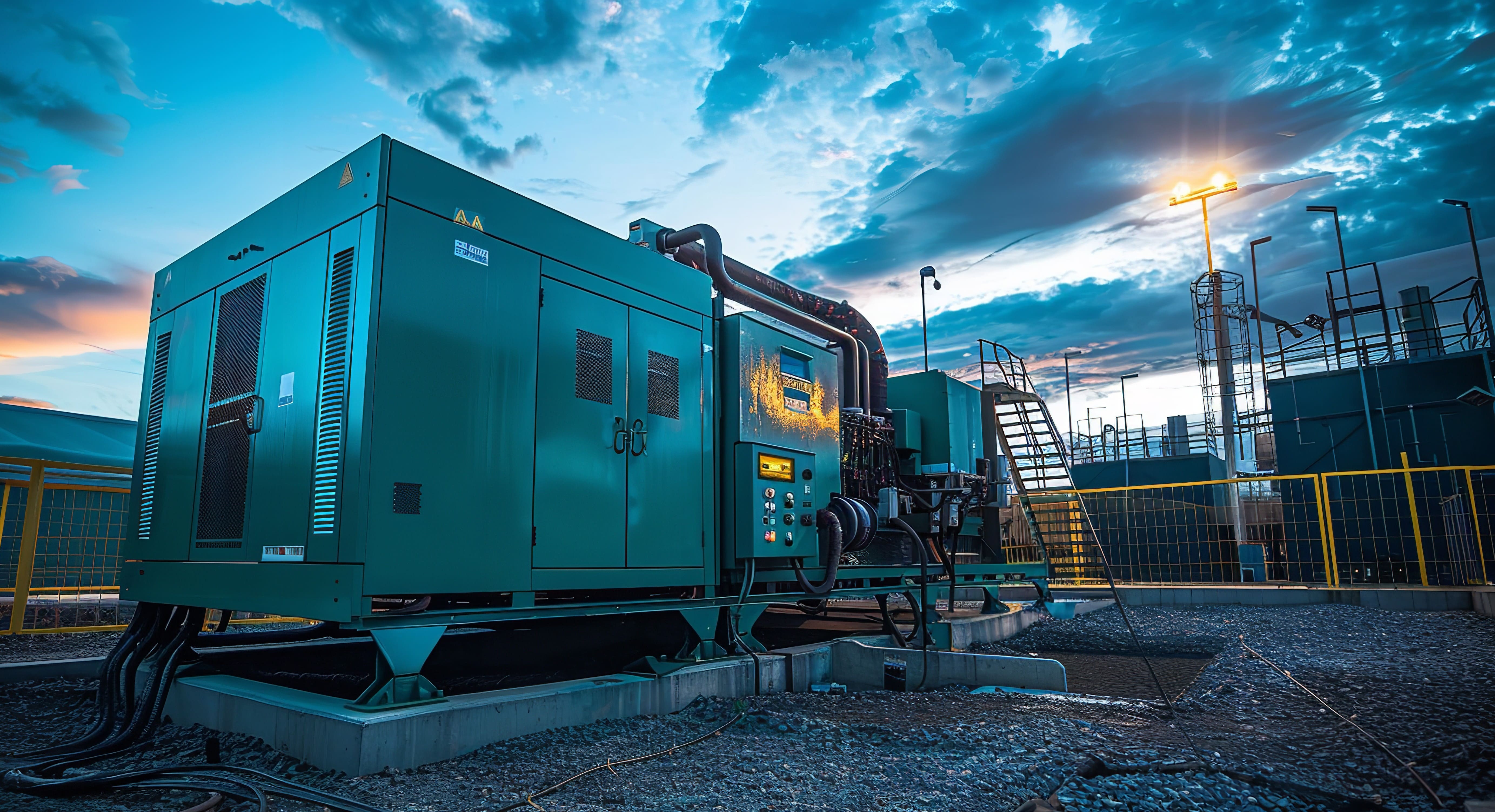 Generador eléctrico en un campo industrial con un atardecer bonito