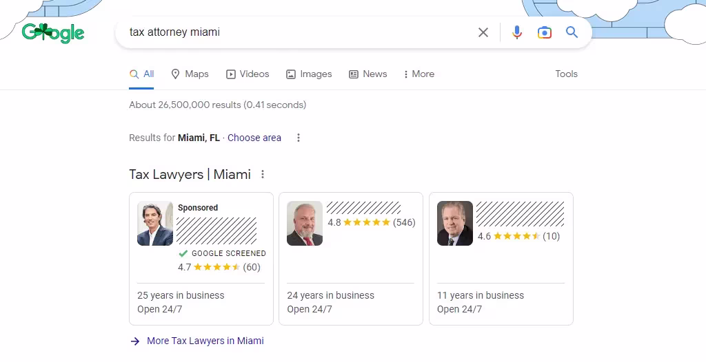 An example of tax lawyer local services ads