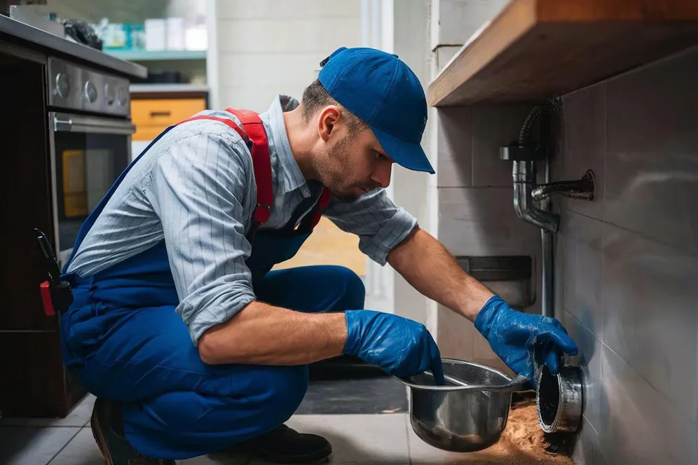 Image of a man working on kitchen plumbing