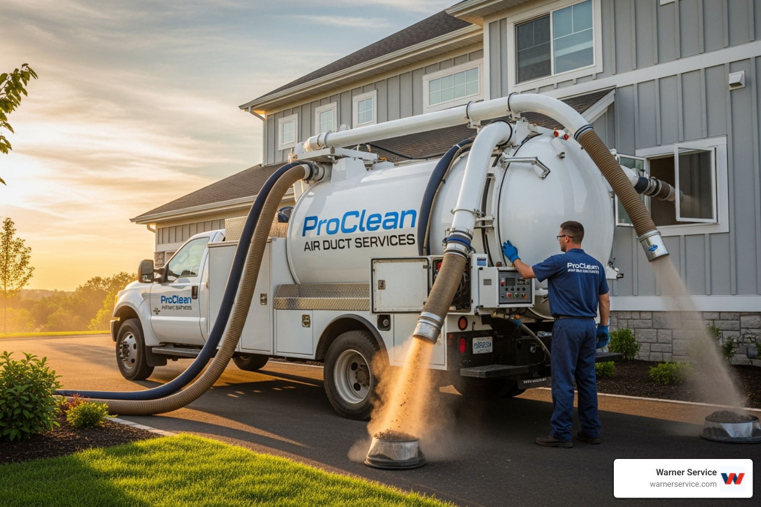 technician using a powerful truck-mounted vacuum system - air duct cleaning