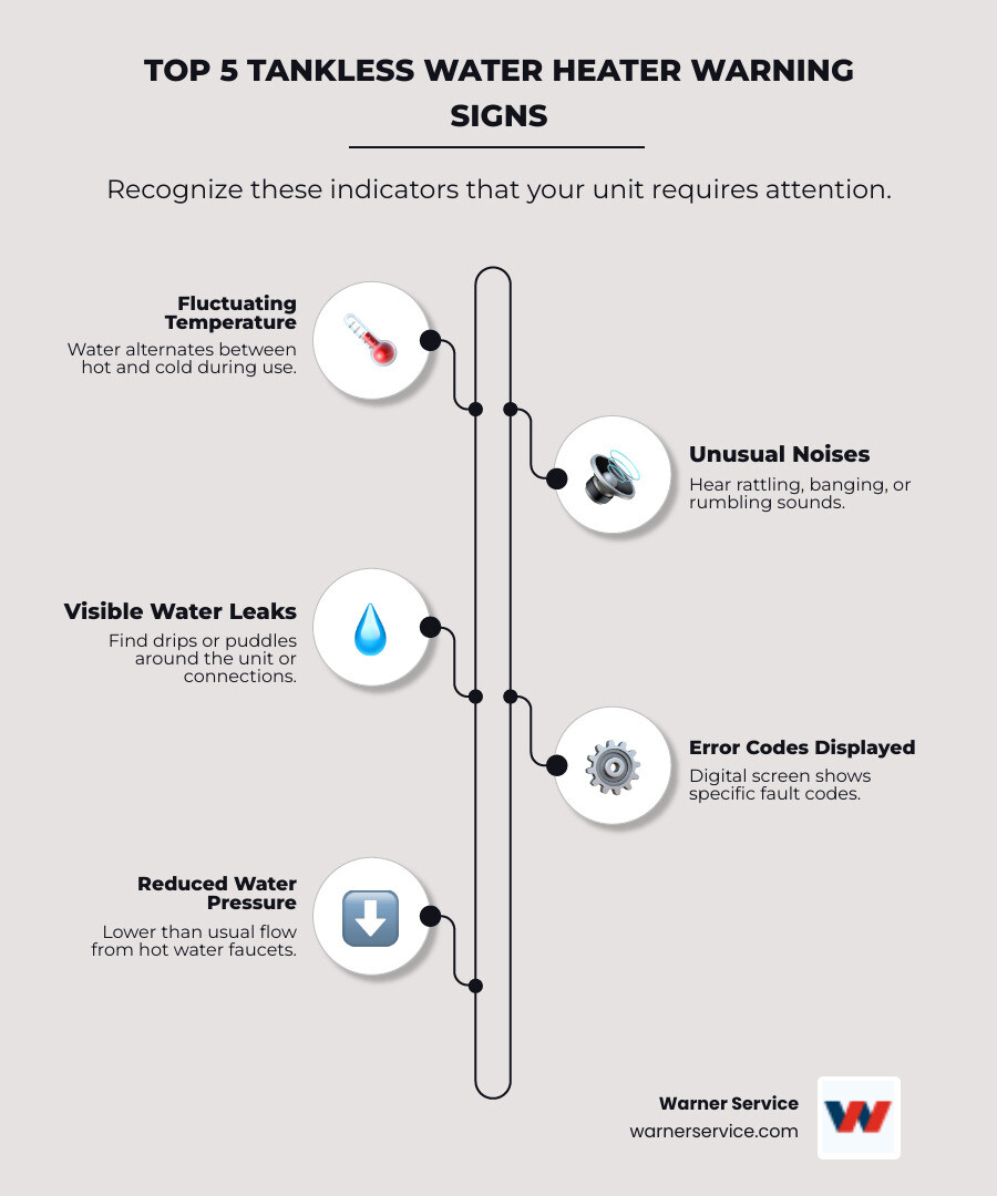 Infographic showing the top 5 warning signs of tankless water heater problems: fluctuating water temperature, unusual noises like rattling or banging, visible water leaks around connections, error codes on digital display, and reduced water pressure from faucets - tankless water heater problems infographic infographic-line-5-steps-neat_beige