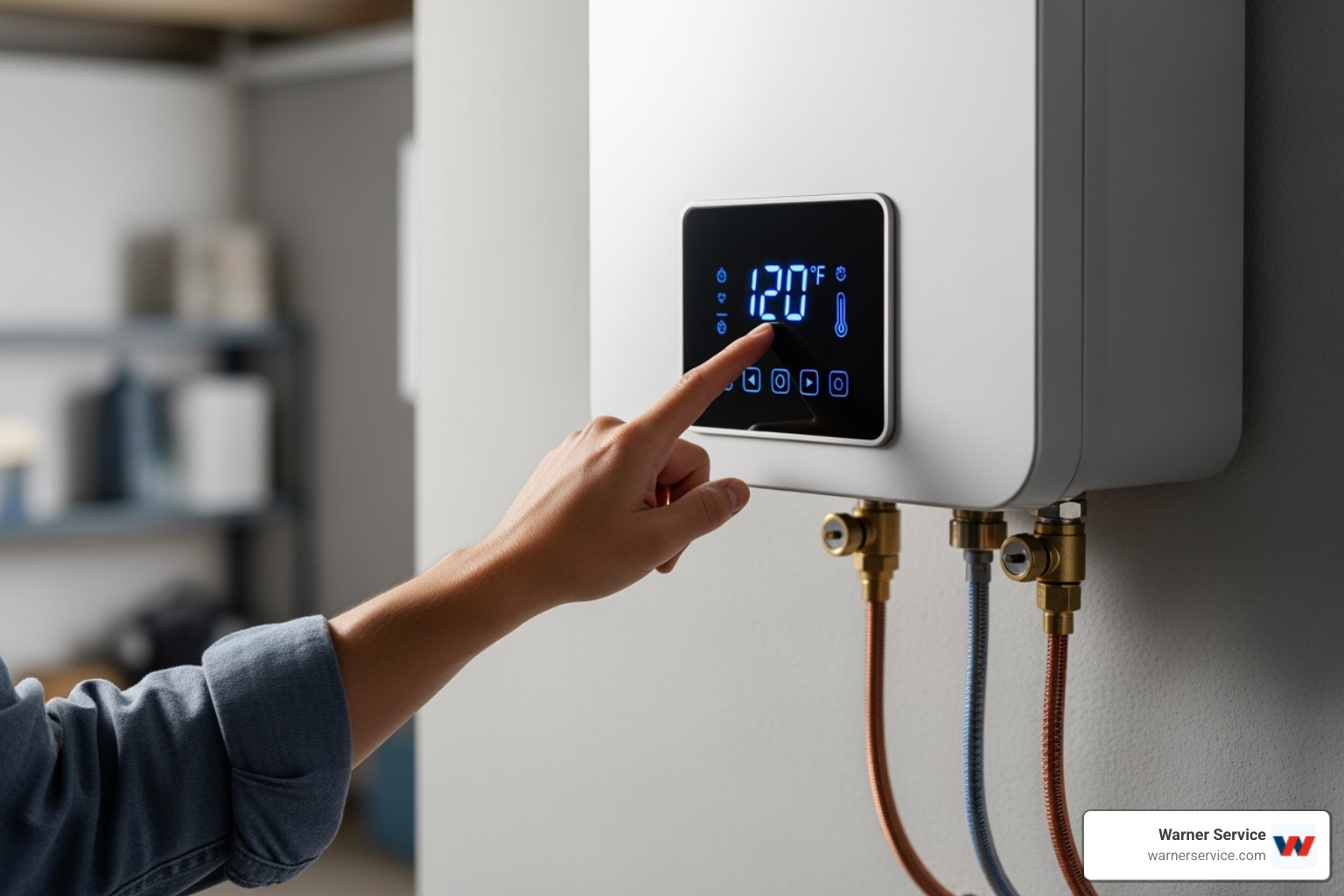 person checking the temperature setting on a tankless water heater's digital display - tankless water heater problems