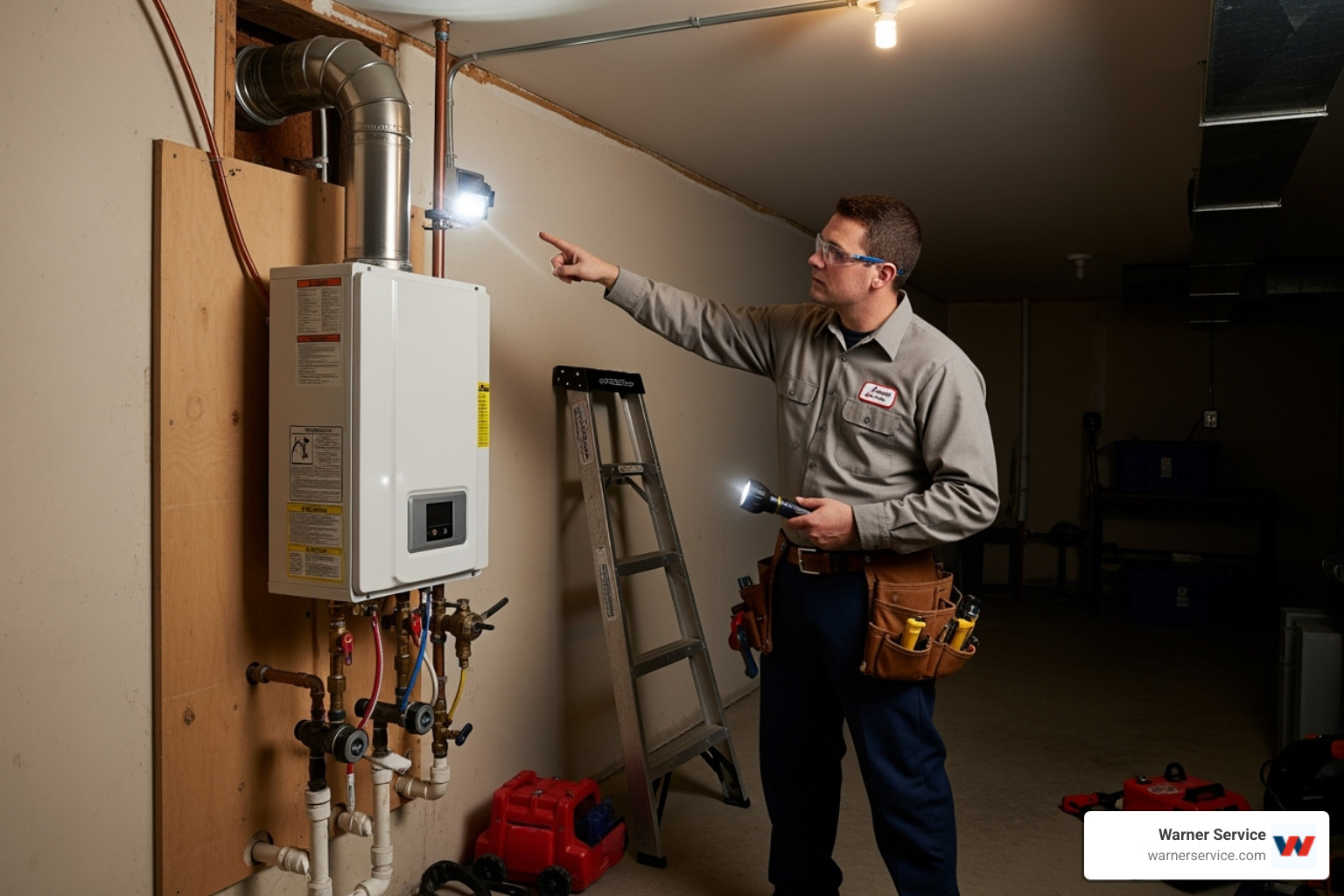 technician inspecting the venting of a gas tankless water heater - tankless water heater problems