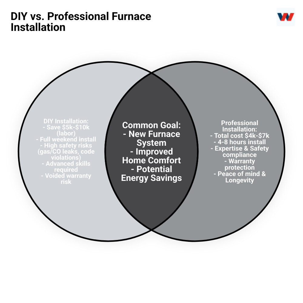 Detailed cost breakdown comparison showing professional furnace installation at $4,000-7,000 total cost versus DIY installation showing equipment costs of $1,500-3,000 plus tools and materials, with risk factors and time investment clearly illustrated - home furnace installation infographic venn_diagram