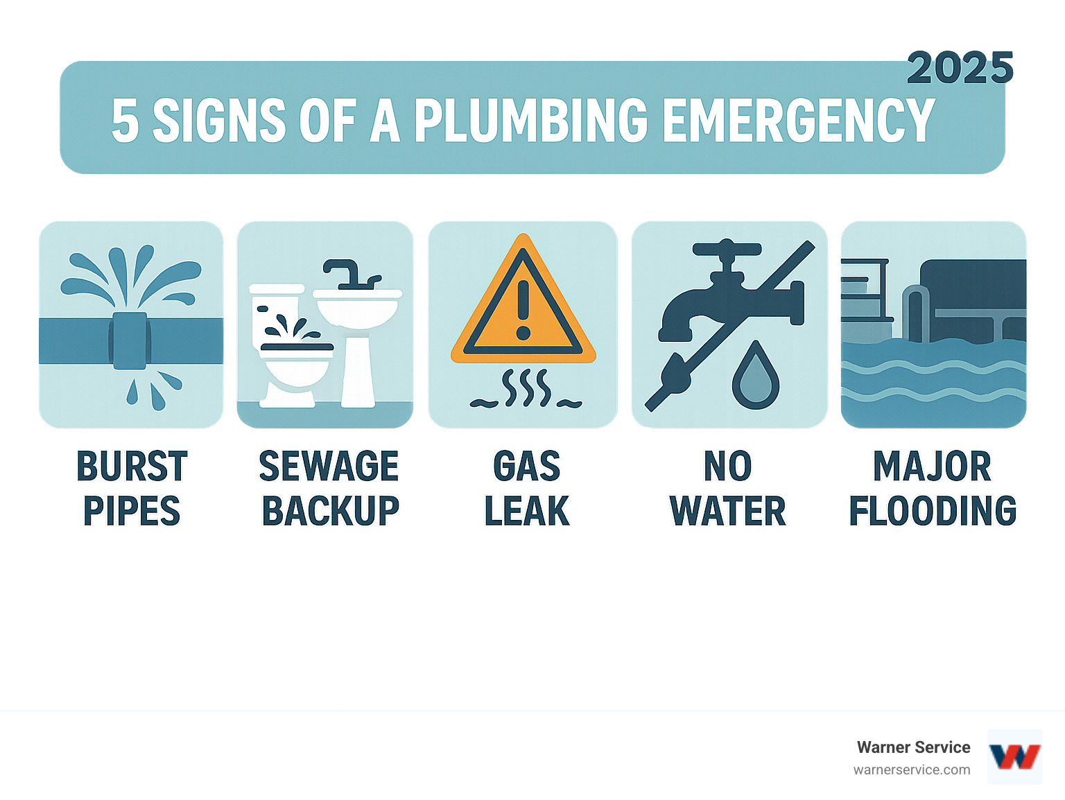 Infographic showing 5 key signs of a plumbing emergency: burst pipes with water spraying, sewage backup in bathroom fixtures, gas leak warning signs including rotten egg smell, complete loss of water supply throughout home, and major flooding in basement or living areas - emergency plumber frederick md infographic 