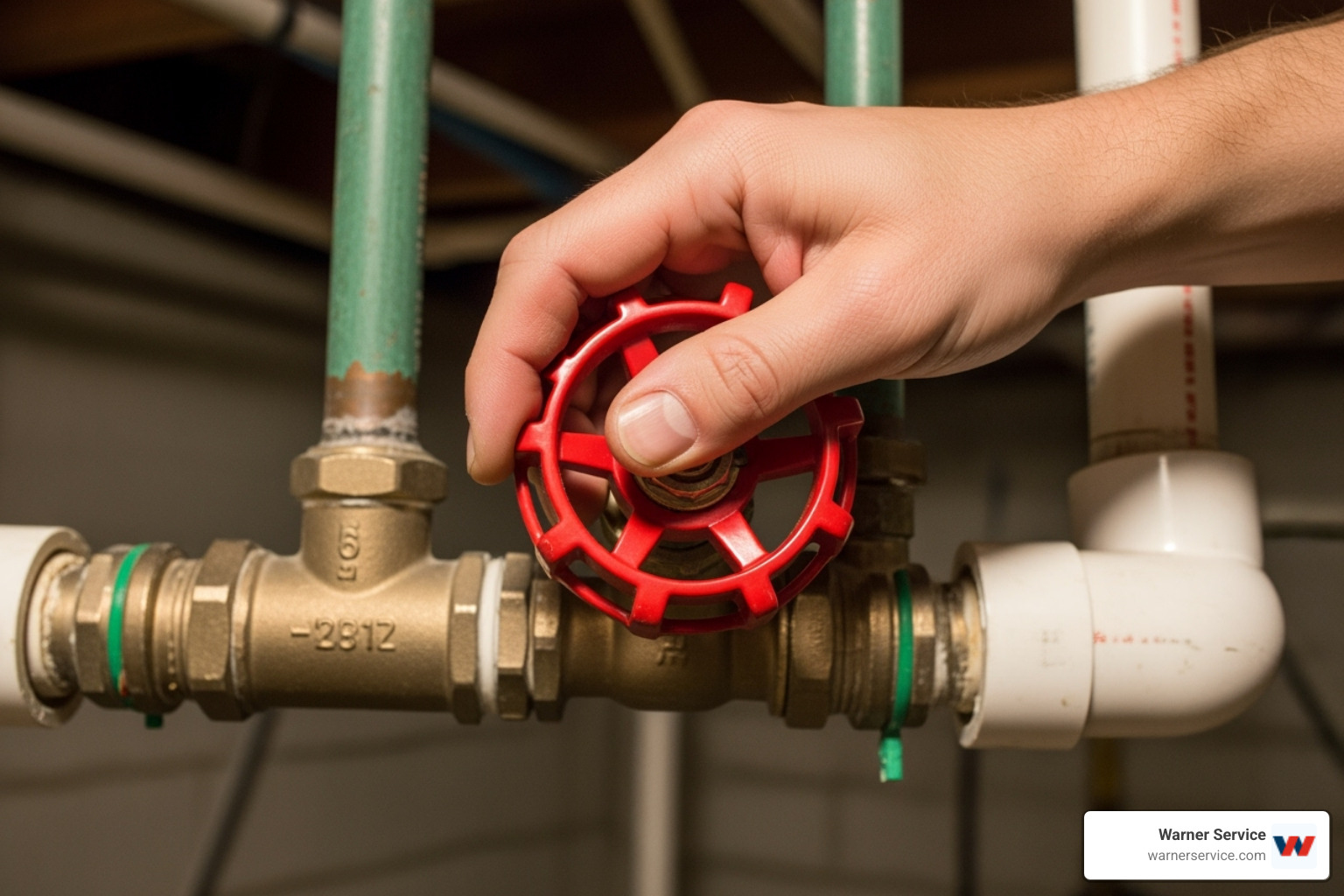 Hand turning a main water shut-off valve - emergency plumber frederick md