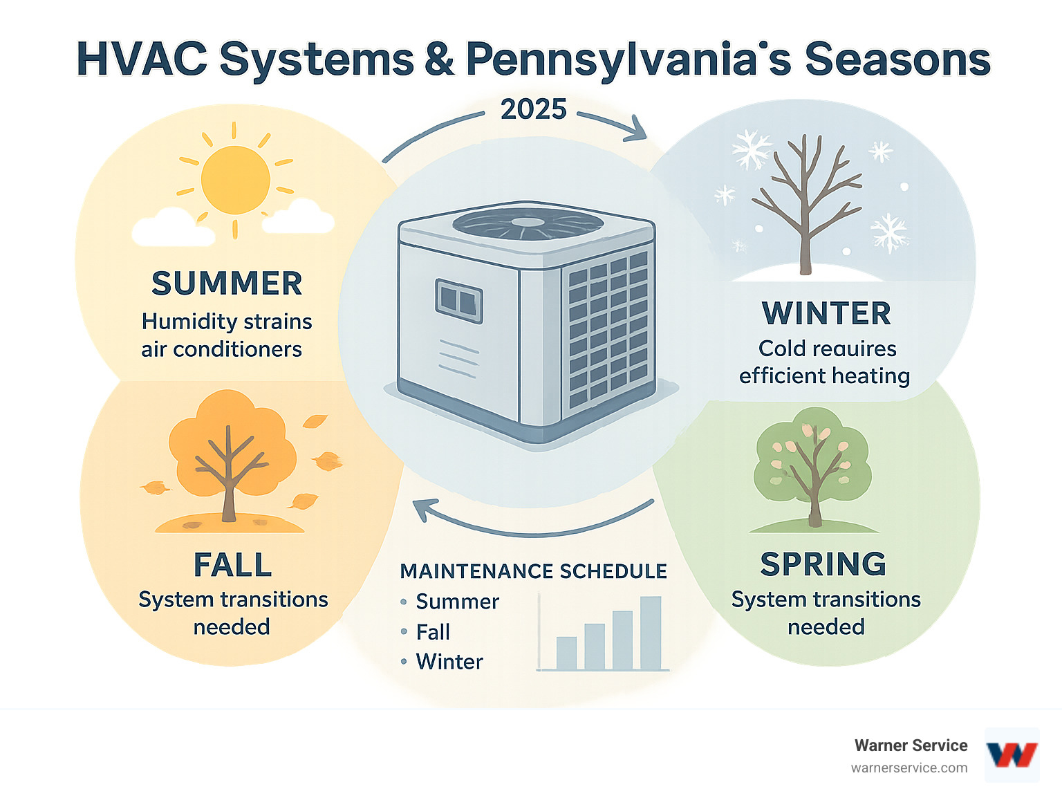 Infographic showing Pennsylvania's four distinct seasons and their impact on HVAC systems: summer humidity straining air conditioners, winter cold demanding efficient heating, spring and fall requiring system transitions, with maintenance schedules and energy usage patterns throughout the year - HVAC repair Pennsylvania infographic 
