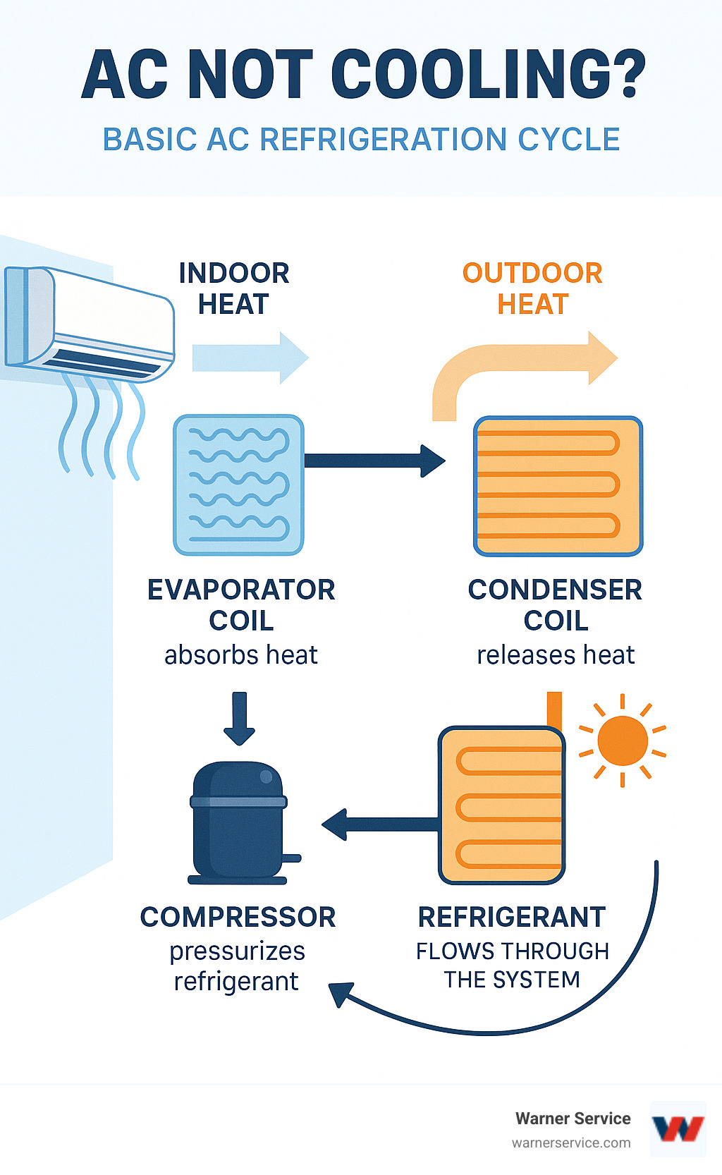 Infographic showing the basic AC refrigeration cycle with evaporator coil absorbing indoor heat, compressor pressurizing refrigerant, condenser coil releasing heat outdoors, and refrigerant flowing through the system to create cooling - AC not cooling infographic 